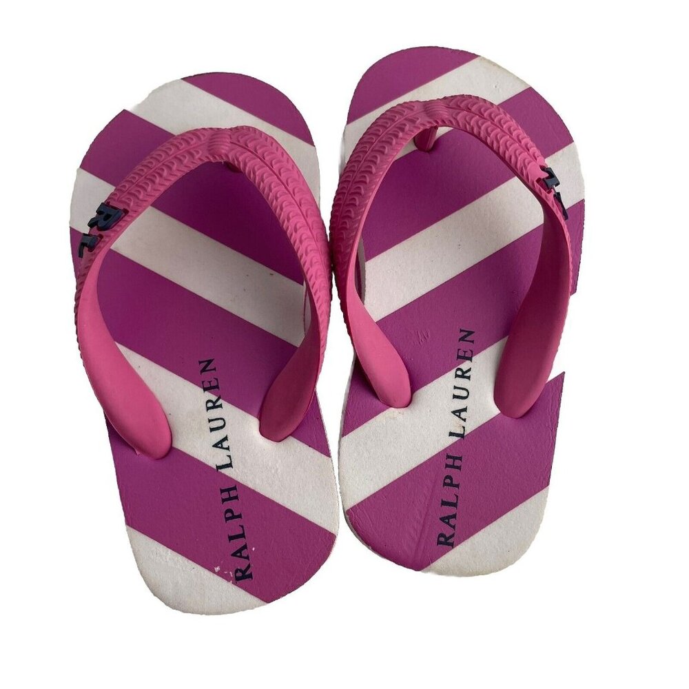 Ralph Lauren Girls Logo Striped Flip Flops Toddler Size 5/6 Pink White Summer